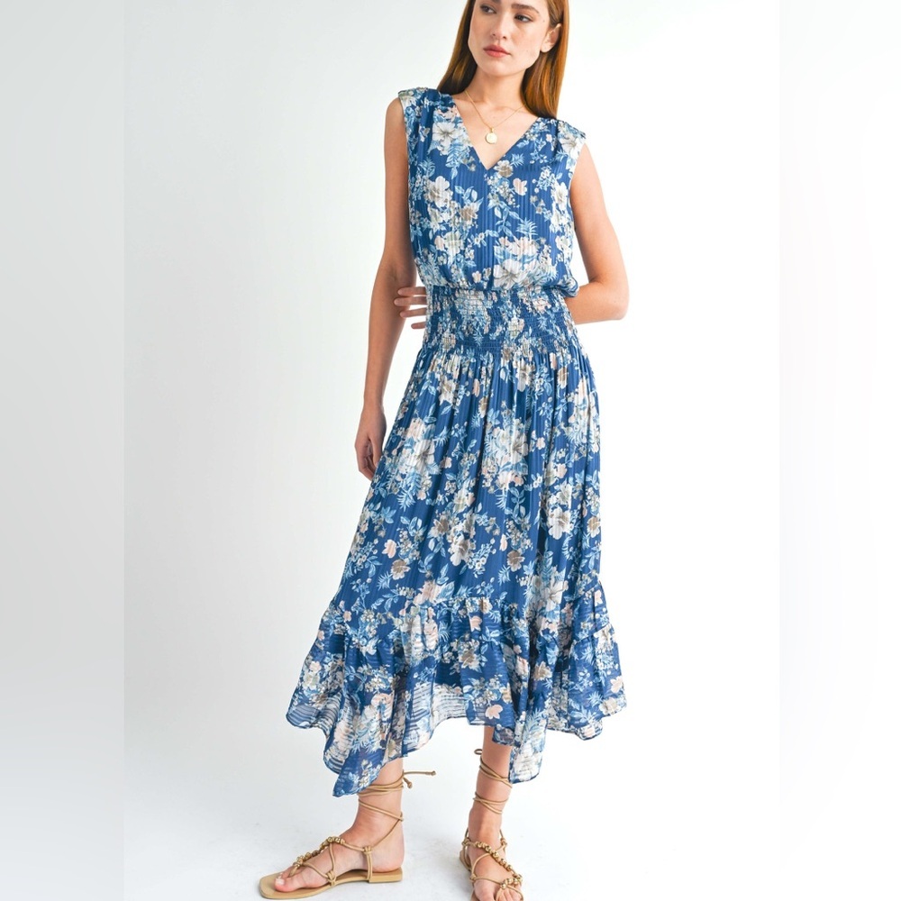 Reset by Jane Ariel Blue Floral Flowy Midi Dress Boho Ruffle Size Small